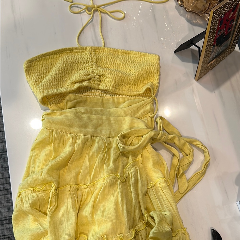 Yellow Strapless cut out and halter mini dress